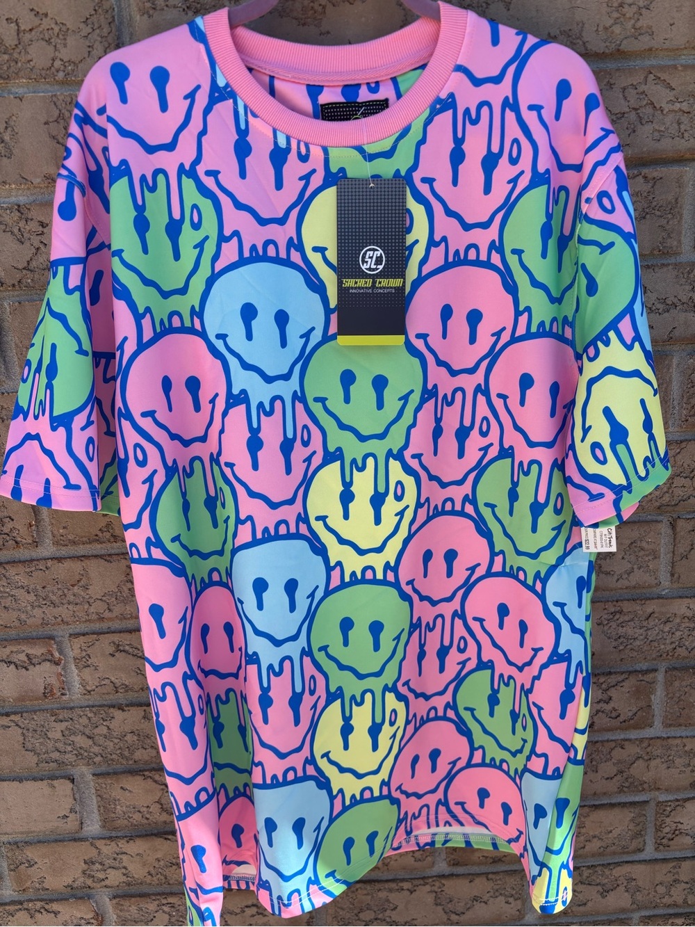 Sacred Crown Melting Smiley Faces Pink Short Sleeve Sweatshirt NWT